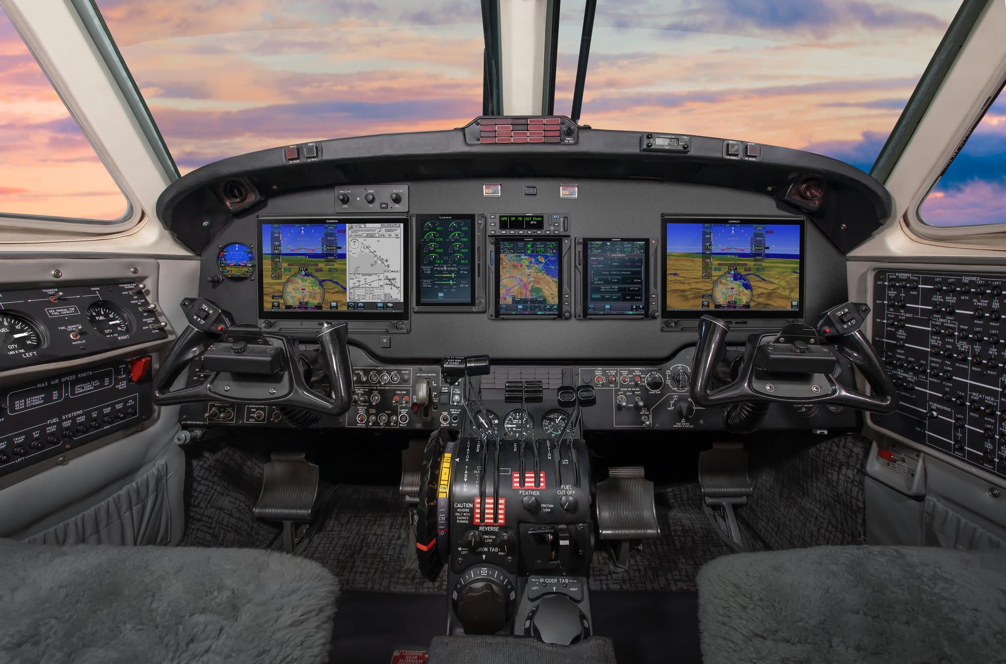 Garmin glass-cockpit displays installed in a twin turboprop panel