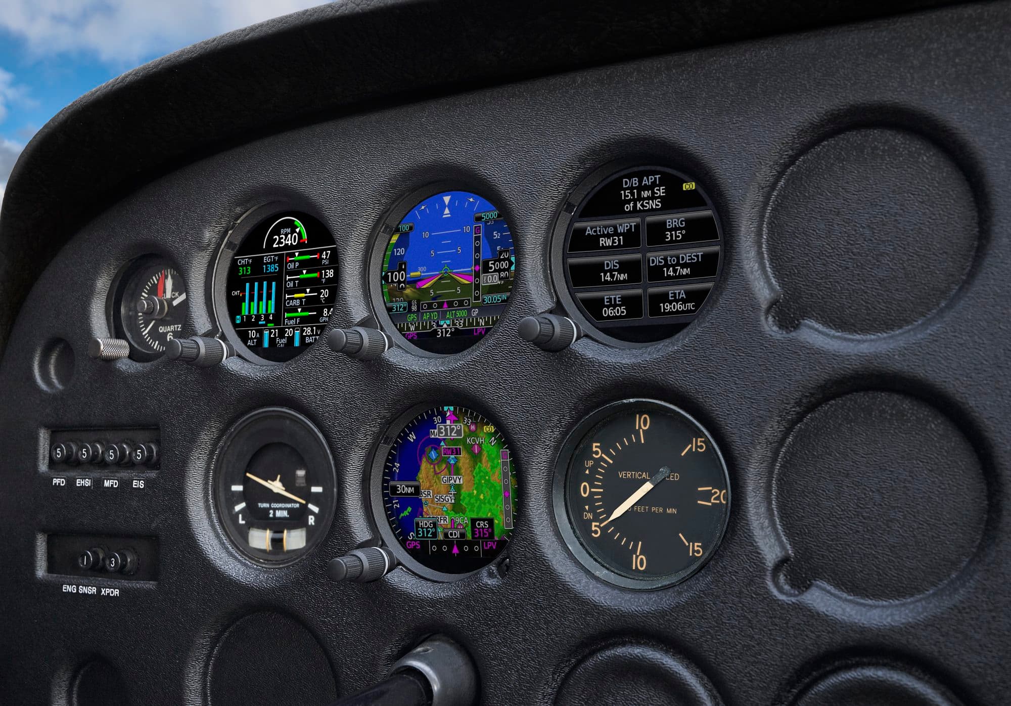 Garmin electronic flight instruments replacing round gauges in an instrument panel