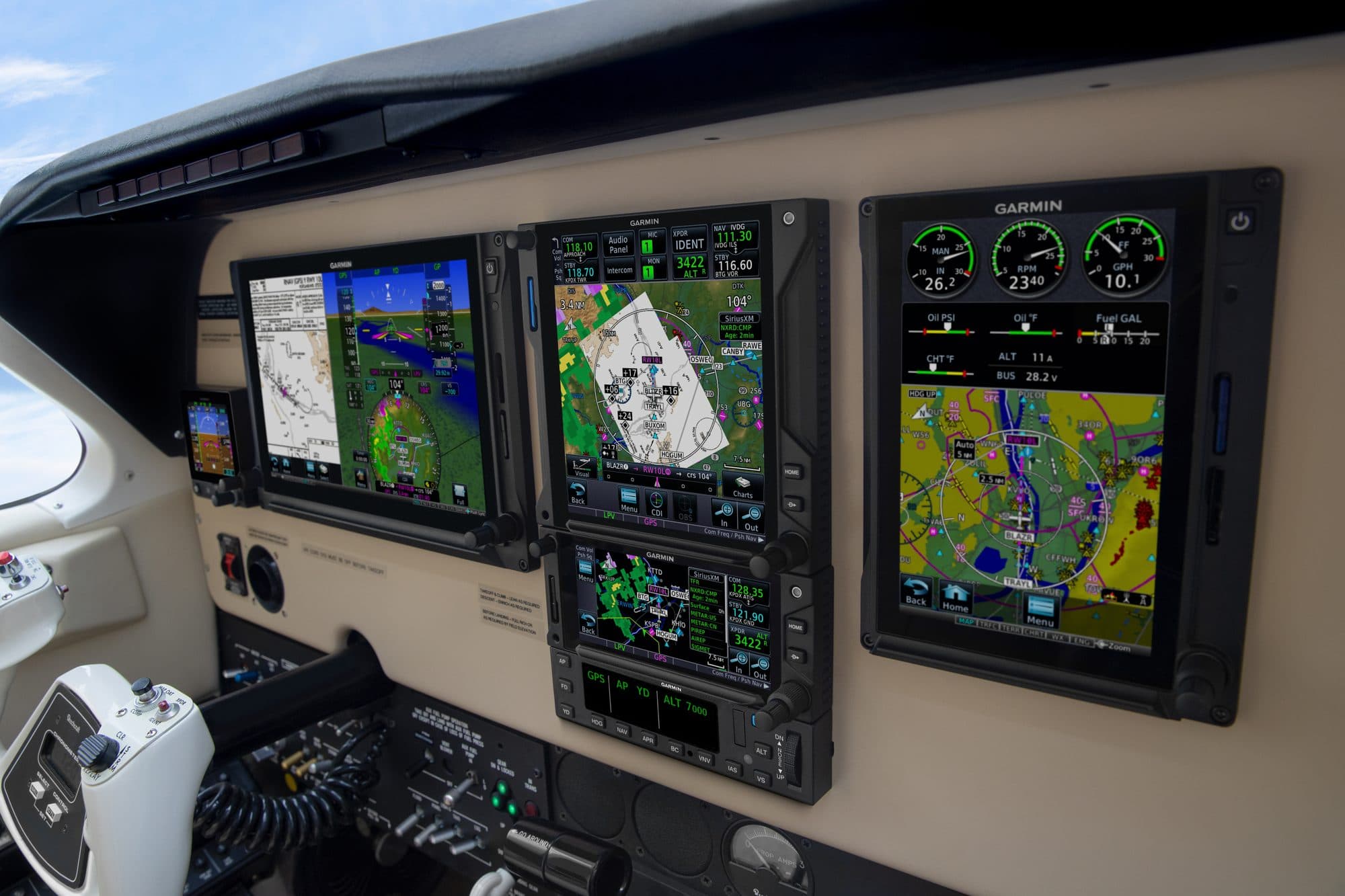 Garmin touchscreen flight displays and navigators retrofitted into a general aviation panel